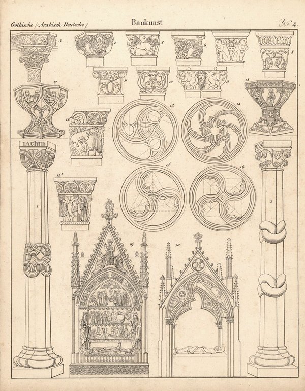 Gothische, arabische, deutsche Baukunst Nr. 4. Lithografiertes Blatt von 1830.