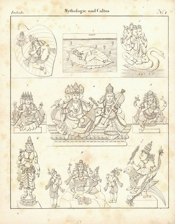 Indische Mythologie und Cultus Nr.1 . Lithografiertes Blatt von 1830.