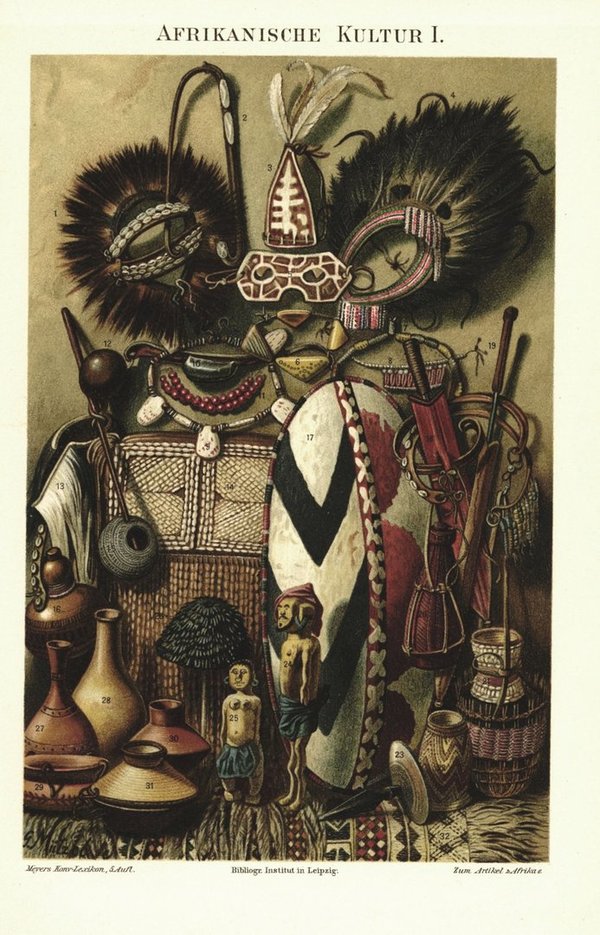 Afrikanische Kultur I, Schilde, Skulpturen u.a. Lithografie von 1893