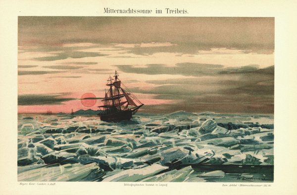 Mitternachtssonne im Treibeis. Lithografie von 1898