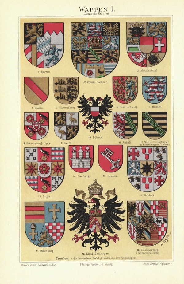 Wappen I, Deutsche Staaten. Lithografie von 1897