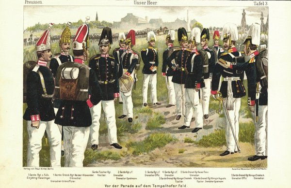 Unser Heer, Preußen, vor der Parade a.d. Tempelhofer Feld. Lithografie von 1894