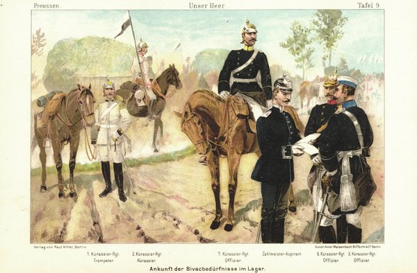 Ankunft der Biwakbedürfnisse im Lager. Unser Heer, Preußen. Lithografie von 1894