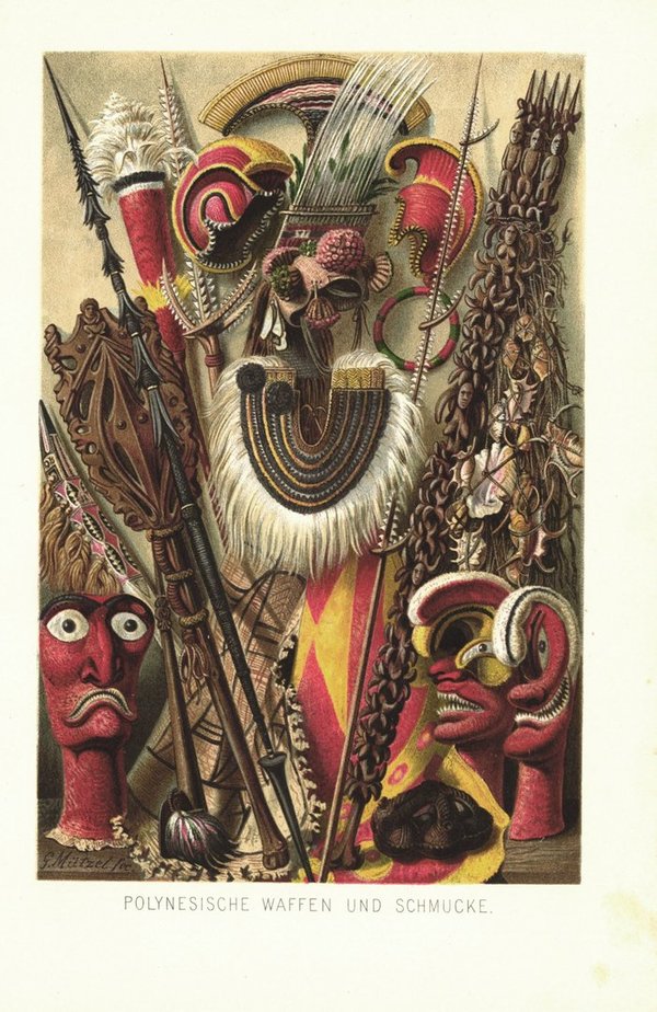 Polynesische Waffen und Schmuck. Lithografie von 1886