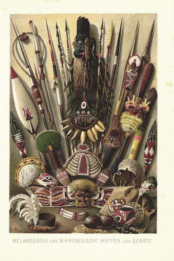 Melanesische und Mikronesische Waffen und Geräte. Lithografie von 1886