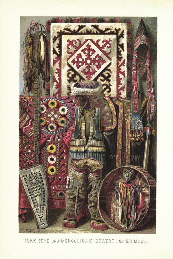 Türkische und Mongolische Gewebe und Schmuck. Lithografie von 1888