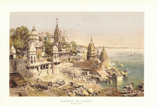 Benares oder Varanasi am Ganges, Indien. Lithografie von 1892