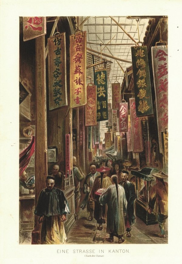 Eine Straße in Kanton oder Guangzhou, China. Lithografie von 1892