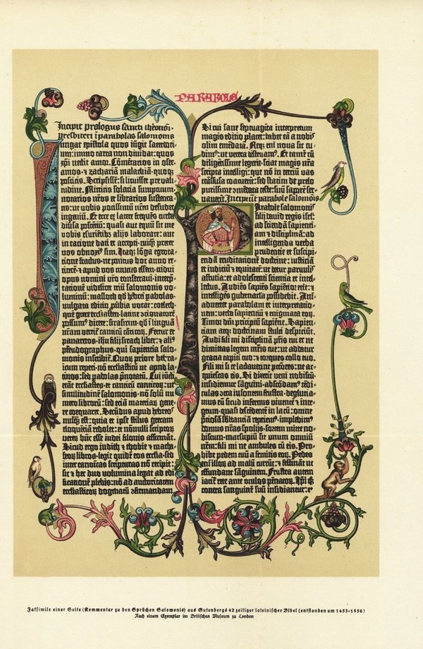 Faksimile einer Seite der Gutenberg-Bibel um 1453. Lithografie von 1910