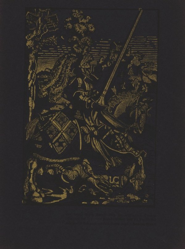 Der heilige Georg sprengt über den erschlagenen Drachen. Buchillustration von 1910
