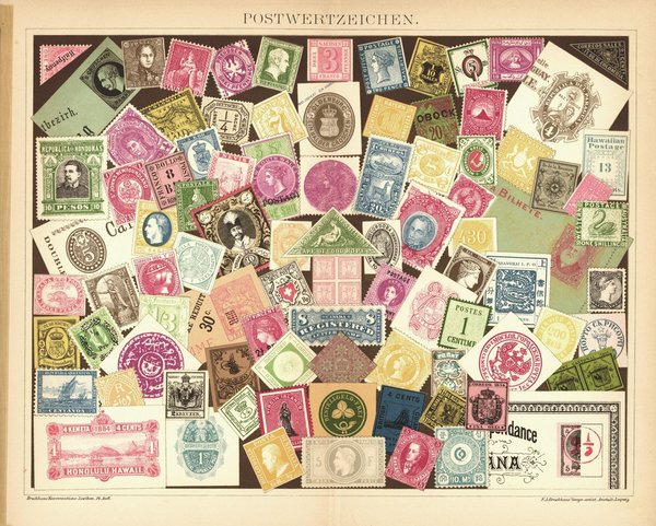 Postwertzeichen, Briefmarken. Lithographie von 1894