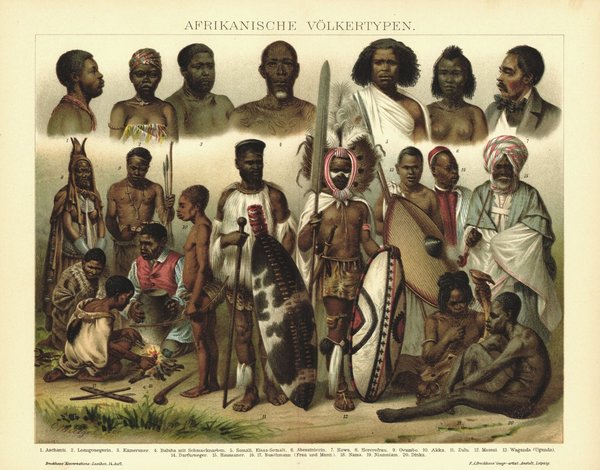 Afrikanische Völkertypen. Lithographie von 1894