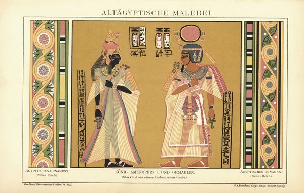 Altägyptische Malerei. König Amenophis I. und Gemahlin. Lithographie von 1894