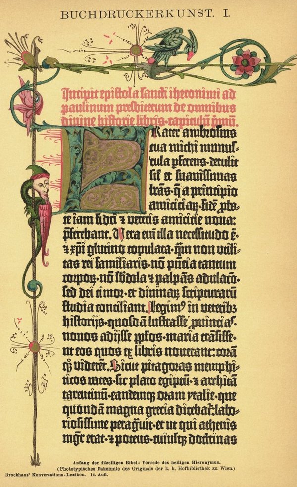 Buchdruckerkunst, Anfang der 42zeiligen Bibel. Lithographie von 1894