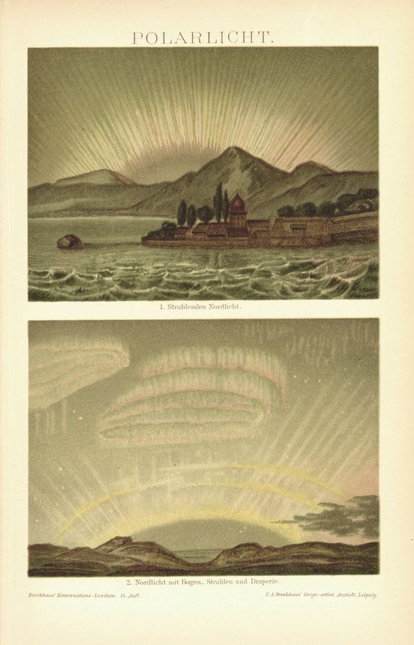 Polarlicht, Nordlicht mit Bogen, Strahlen und Draperie. Lithographie von 1894