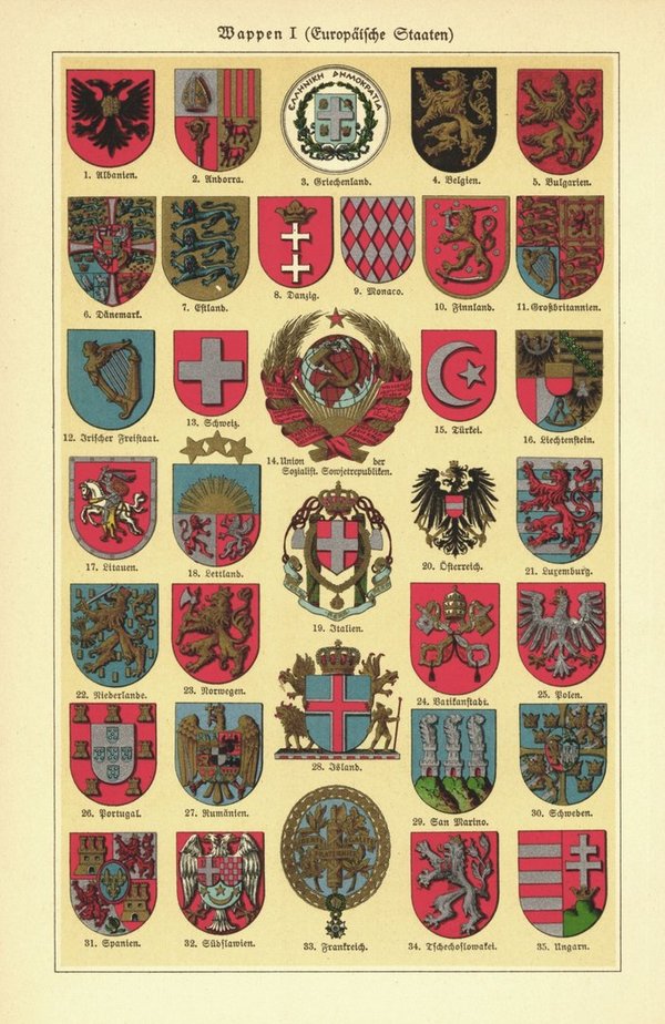 Wappen I, Europäische Staaten. Lithographie von 1930