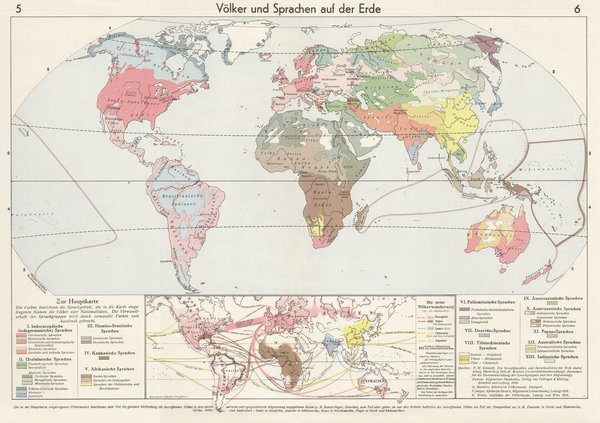 Völker und Sprachen auf der Erde sowie das Antlitz der Erde. Alte Landkarte von 1936 ca. 46x32 cm
