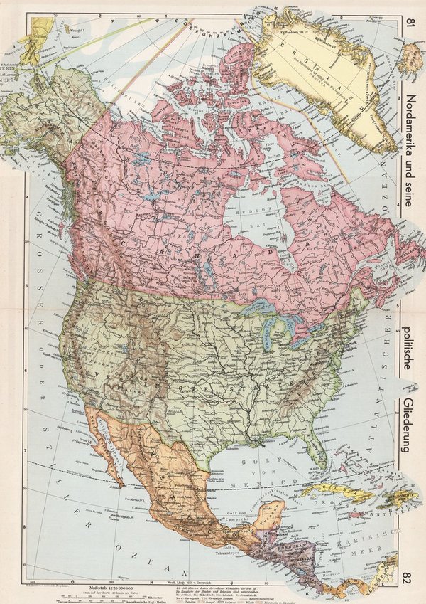 Nordamerika, politische Gliederung , Vereinigte Staaten. Alte Landkarte von 1936 ca. 45x32 cm