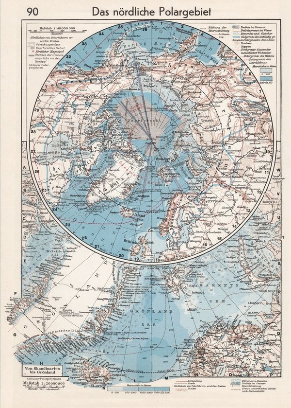 Das nördliche Polartgebiet sowie Der Atlanische Ozean. Alte Landkarte von 1936 ca. 23x32 cm
